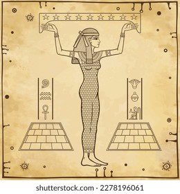 Animation portrait: beautiful Egyptian woman holds symbolical star sky. Full growth. Goddess, princess. Profile view. Background - imitation old paper. Vector illustration.