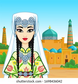 Animation portrait of a beautiful girl in ancient national clothes and jewelry. Central Asia. Background - summer landscape, ancient palace.  Vector illustration. 