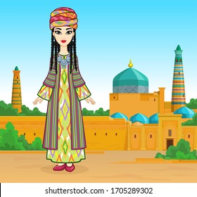 Animation portrait of a beautiful girl in ancient national clothes and jewelry. Full growth. Central Asia. Background - summer landscape, ancient palace.  Vector illustration.  