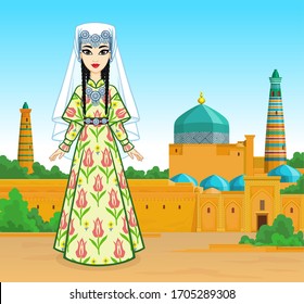 Animation portrait of a beautiful girl in ancient national clothes and jewelry. Full growth. Central Asia. Background - summer landscape, ancient palace.  Vector illustration.  