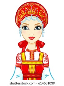 Animation portrait of the beautiful girl in an ancient Russian dress. Sundress, kokoshnik.  Vector illustration isolated on a white background.