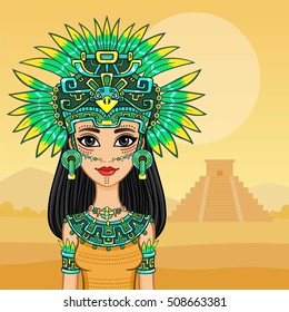  Animation portrait of the beautiful girl in a dress of the Native  American Indian. Background - a summer landscape, an ancient pyramid. Vector illustration.