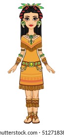Animation portrait of the beautiful girl in a dress of the Native American Indian. Full growth. Vector illustration isolated on a white background.