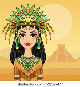 Animation portrait of the beautiful girl in a dress of the Native American Indian. Background - a summer landscape, an ancient pyramid. Vector illustration.