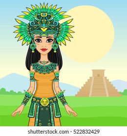 Animation portrait of the beautiful girl in a dress of the Native American Indian. Background - a summer landscape, an ancient pyramid. Vector illustration.