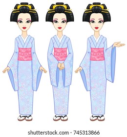 Animation portrait the beautiful Japanese girl in three different poses. Geisha, Maiko, Princess. Full growth. Vector illustration isolated on a white background.