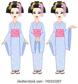 Animation portrait the beautiful Japanese girl in three different poses. Geisha, Maiko, Princess. Full growth. Vector illustration isolated on a white background.