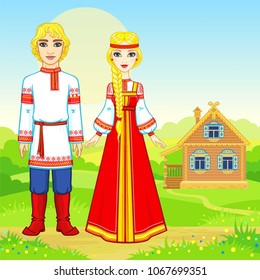 Animation portrait of beautiful Russian family  in traditional clothes.  Fairy tale character. Full growth. A background - a rural landscape, the ancient house. Vector illustration.