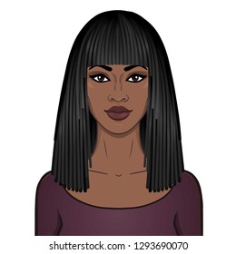Animation portrait of the beautiful  woman an Afro-hair. Color drawing. Vector illustration isolated on a white background. Print, poster, t-shirt, card. 