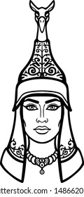 Animation portrait of the beautiful woman in ancient headdress. Asian nomad culture. Princess, warrior, goddess.  Vector illustration isolated on a white background. Print, poster, t-shirt, card.