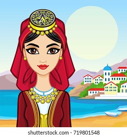 Animation portrait of the beautiful young girl in the Greek dress.  Background - a sea landscape, mountains, the old city port. Vector illustration.