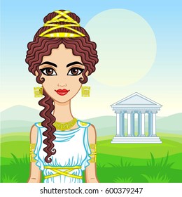 Animation portrait of the beautiful young woman in traditional clothes of Ancient Greece. A background - a mountain landscape, the antique temple. Vector illustration.