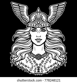 Animation portrait of the beautiful young woman Valkyrie. Pagan goddess, mythical character. White vector illustration isolated on a black background. Print, poster, t-shirt, card.