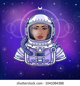 Animation portrait of the black woman astronaut in a space suit. Color drawing. Background - the night star sky. Vector illustration.  Print, poster, t-shirt, card.