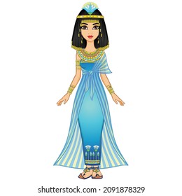  Animation portrait Egyptian  girl in ancient clothes with a papyrus flower on the head. Queen, goddess, princess. Full growth. Vector illustration isolated on a white background.