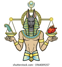 Animation portrait: Egyptian God Anubis measures the human heart and pen on sacred scales. God of death. Vector illustration isolated on a white background. Print, poster, t-shirt, tatto.