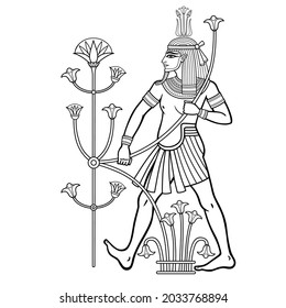 Animation portrait  Egyptian God Hapi holding a reed flower. God of fertility, of water, of  Nile River. Full growth. Vector illustration isolated on a white background. Print, poster, t-shirt, tattoo