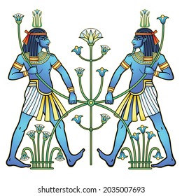 Animation portrait  Egyptian God Hapi holding a reed flower. God of fertility, of water, of  Nile River. Full growth. Vector illustration isolated on a white background. Print, poster, t-shirt, tattoo