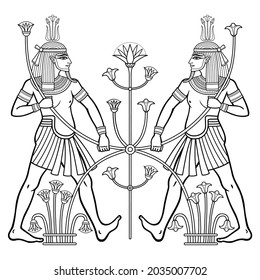 Animation portrait  Egyptian God Hapi holding a reed flower. God of fertility, of water, of  Nile River. Full growth. Vector illustration isolated on a white background. Print, poster, t-shirt, tattoo