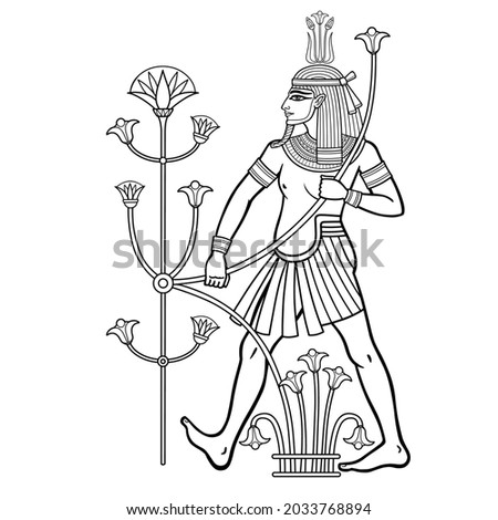 Animation portrait  Egyptian God Hapi holding a reed flower. God of fertility, of water, of  Nile River. Full growth. Vector illustration isolated on a white background. Print, poster, t-shirt, tattoo