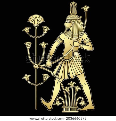Animation portrait  Egyptian God Hapi holding a reed flower. God of fertility, of water, of  Nile River. Full growth. Vector illustration isolated on a black background. Imitation of gold.