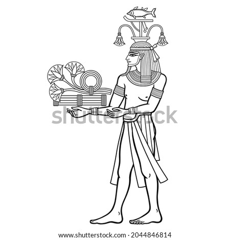 Animation portrait: Egyptian God Hapi presents river gifts - papyrus flowers. God of fertility, of water, of  Nile River. Vector illustration isolated on a white background. Print, poster, t-shirt