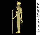 Animation portrait: Egyptian Goddess Isis holds symbols of power - a cross and a staff. Full growth. Profile view. Vector illustration isolated on a black background. Imitation of gold.