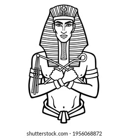 Animation portrait Egyptian man  with crossed hands holds symbols of power. Vector illustration isolated on a white background. Print, poster, t-shirt, tattoo.