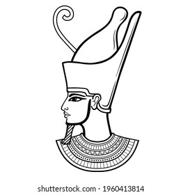 Animation portrait Egyptian man in the crown and necklace. Profile view. Vector illustration isolated on a white background. Print, poster, t-shirt, tattoo.