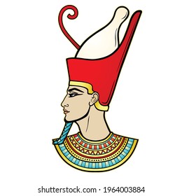 Animation portrait Egyptian man in the crown and necklace. Profile view. Vector illustration isolated on a white background. Print, poster, t-shirt, tattoo.