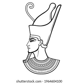 Animation portrait Egyptian man in the crown and necklace. Profile view. Vector illustration isolated on a white background. Print, poster, t-shirt, tattoo.