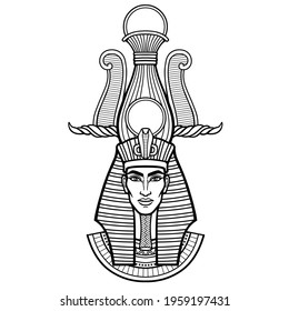 Animation portrait Egyptian man n the crown. Vector illustration isolated on a white background. Print, poster, t-shirt, tattoo.