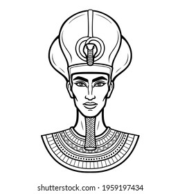 Animation portrait Egyptian man n the crown. Vector illustration isolated on a white background. Print, poster, t-shirt, tattoo.