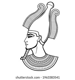 Animation portrait Egyptian man n the crown. God Osiris. Profile view. Vector illustration isolated on a white background. Print, poster, t-shirt, tattoo.