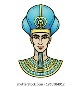 Animation portrait Egyptian man n the military crown. Vector illustration isolated on a white background. Print, poster, t-shirt, tattoo.