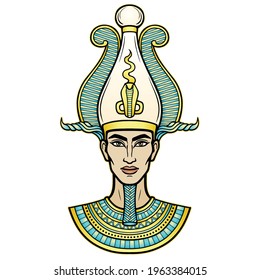 Animation portrait Egyptian man n the crown. God Osiris. Vector illustration isolated on a white background. Print, poster, t-shirt, tattoo.
