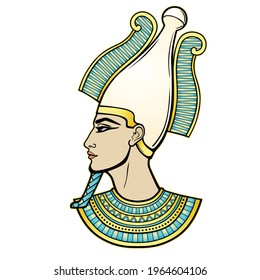 Animation portrait Egyptian man n the crown. God Osiris. Profile view. Vector illustration isolated on a white background. Print, poster, t-shirt, tattoo.