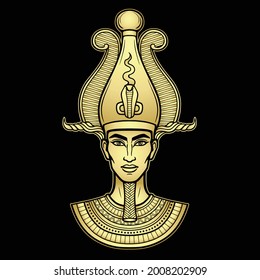 Animation portrait Egyptian man n the crown. God Osiris. Gold imitation. Vector illustration isolated on a black background. Print, poster, t-shirt, tattoo.