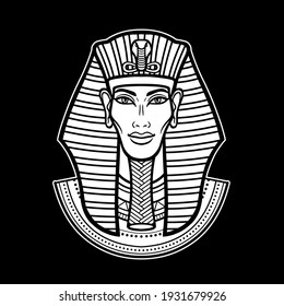 Animation  portrait Egyptian man. Pharaoh, king, mummy. Vector illustration isolated on a black background. Print, poster, t-shirt, tattoo.