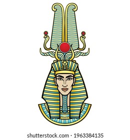 Animation portrait Egyptian man in a striped scarf and a divine crown. Vector illustration isolated on a white background. Print, poster, t-shirt, tattoo.