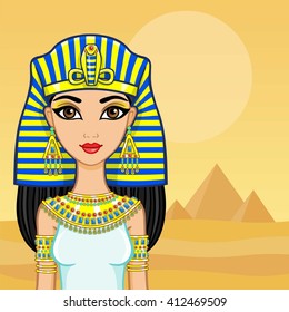 Animation portrait of the Egyptian queen. A background - a landscape the desert, pyramids. The place for the text.