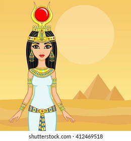 Animation portrait of the Egyptian queen. A background - a landscape the desert, pyramids. The place for the text. 