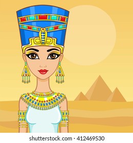 Animation portrait of the Egyptian queen. A background - a landscape the desert, pyramids. The place for the text.