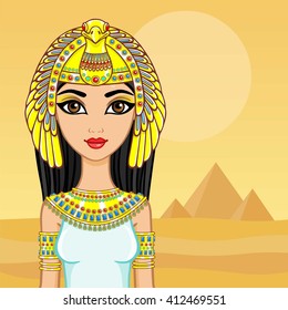 Animation portrait of the Egyptian queen. A background - a landscape the desert, pyramids. The place for the text.