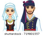 Animation portrait of family in ancient Greek suits. Vector illustration isolated on a white background.