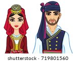 Animation portrait of family in ancient Greek suits. Vector illustration isolated on a white background.