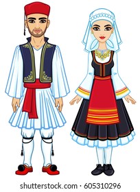 Animation portrait of a family in ancient Greek clothes. Full growth. The vector illustration isolated on a white background.