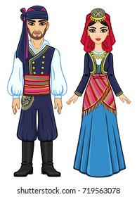 Animation portrait of a family in ancient Greek clothes. Full growth. The vector illustration isolated on a white background.