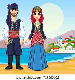 Animation portrait of a family in ancient Greek clothes. Full growth. Background - a sea landscape, mountains, the old city port. Vector illustration.