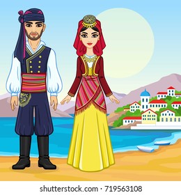 Animation portrait of a family in ancient Greek clothes. Full growth. Background - a sea landscape, mountains, the old city port. Vector illustration.